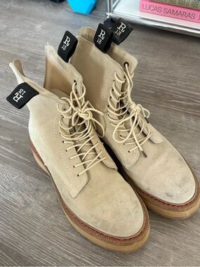 R13 Sand Beige Suede Lace-Up platform combat boots with zipper